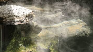 A rock formation with water flowing over it, creating a misty effect.