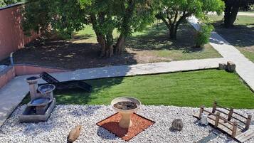 A landscaped outdoor area with a pathway, a small water feature, and a decorative frog statue.