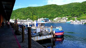A marina with boats docked, a pedestrian walkway, and a hillside in the background. - Rainbow Homestay (Lyudao)