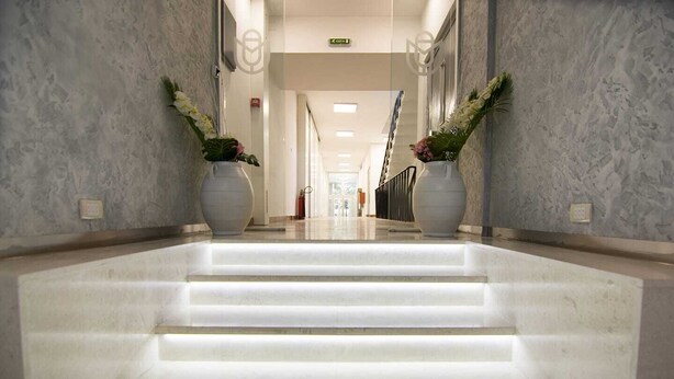Corredor com piso de mármore e degraus que levam a uma porta, ladeado por grandes vasos com flores.