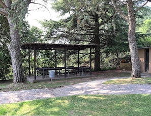 Relax in a serene outdoor setting surrounded by mature trees, beneath a covered pavilion with benches.