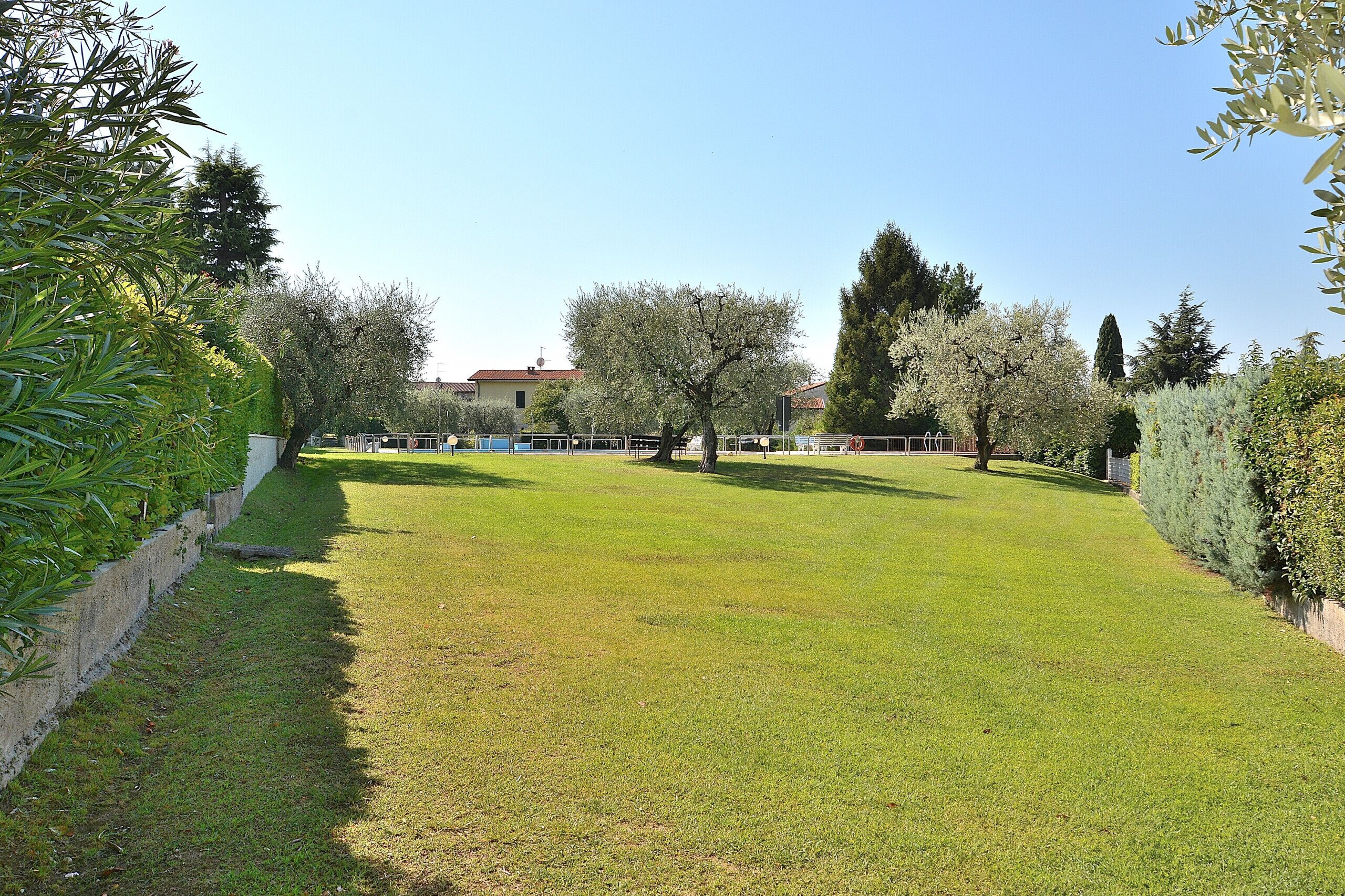 Una curata area verde con alberi e un edificio sullo sfondo.