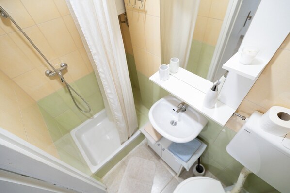 Une salle de bain équipée d’une douche, d’un lavabo, de toilettes et d’un miroir.