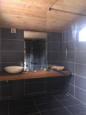 Shower, hair dryer, towels, toilet paper