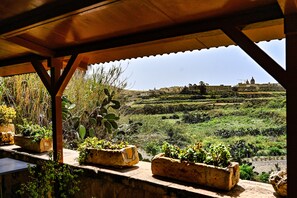 A terrace with potted plants and a view of a distant hill with buildings. - Maria's B&B (Ghasri)