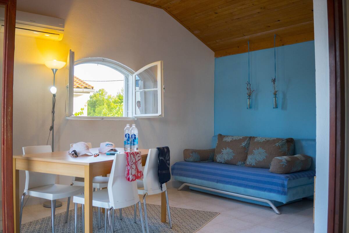 A room with a wooden ceiling, a dining table with chairs, a sofa with patterned cushions, and two hanging plants.