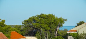 A coastal view with a large pine tree, a building with a red roof, and the sea in the background. - Victorious VIScovery Red (Vis)