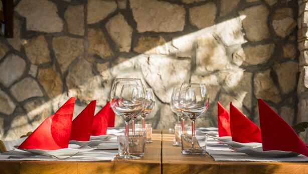 A table set with wine glasses and red napkins against a stone wall. - Victorious VIScovery Green (Vis)