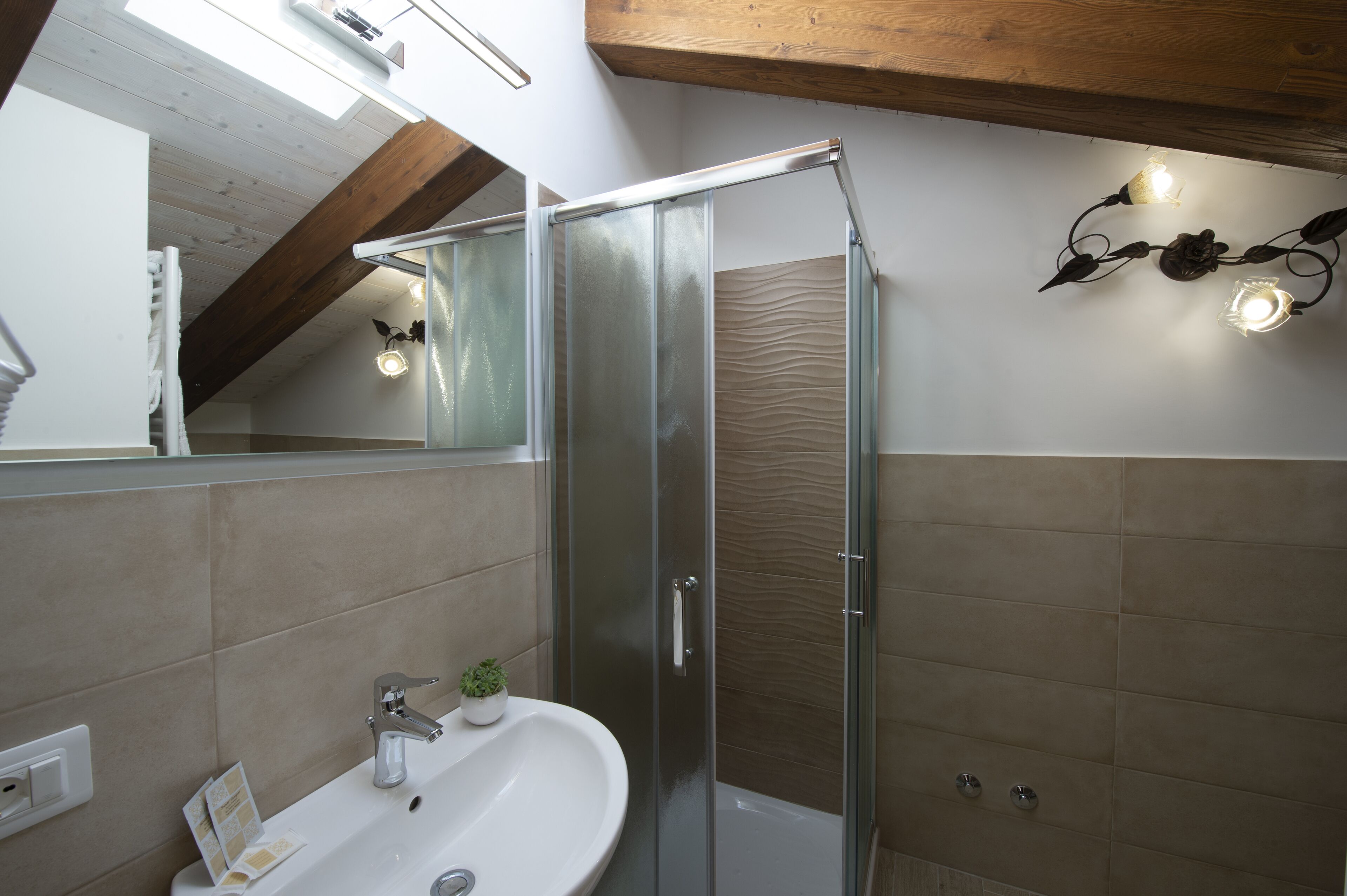 A modern bathroom with a glass shower enclosure, a white sink, and a mirror.