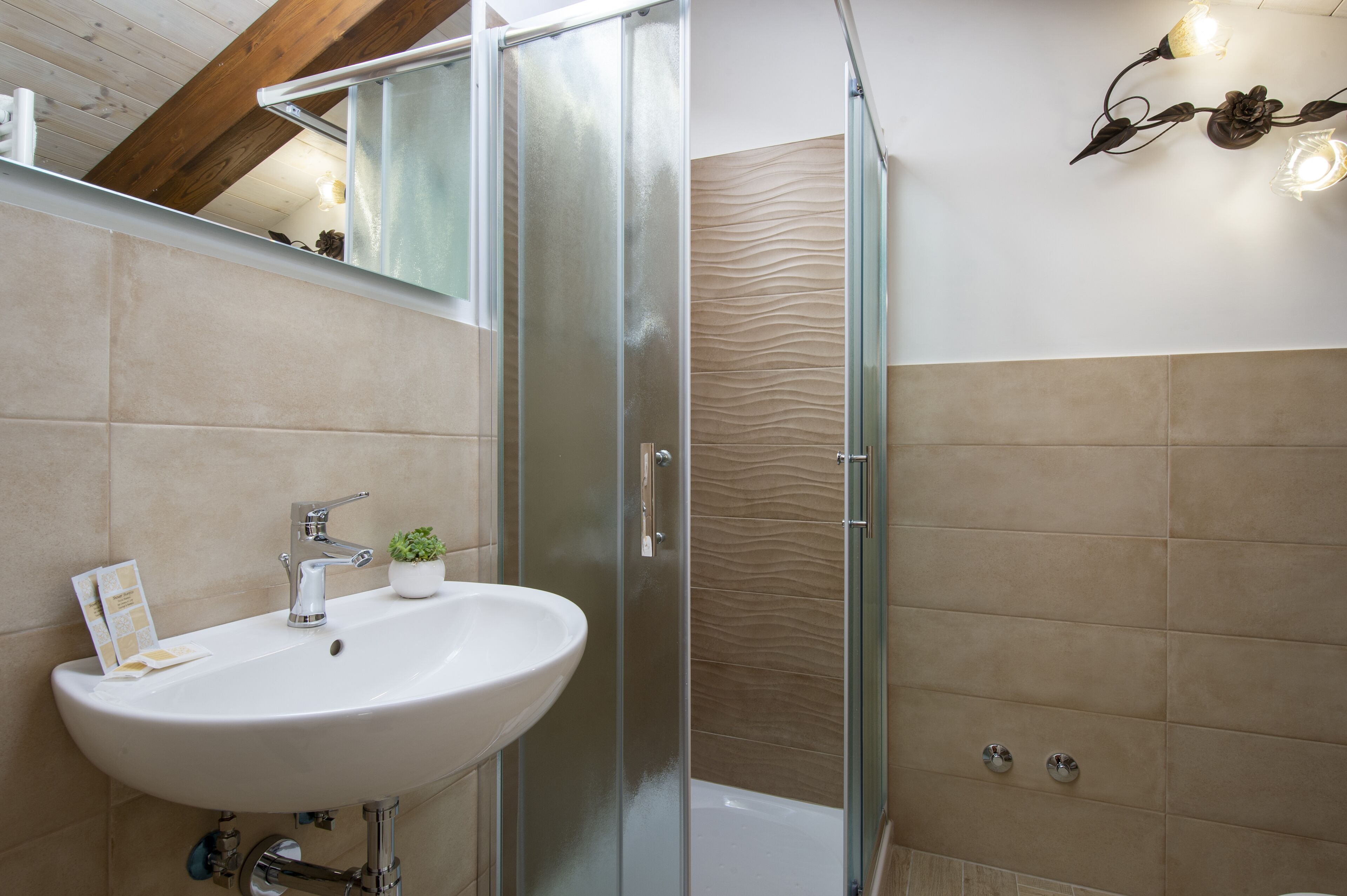 A bathroom with a glass-enclosed shower, a white sink, and a mirror above the sink.