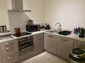 Fridge, microwave, electric kettle, cookware/dishes/utensils