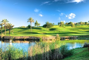 Stunning golf course views with a serene pond and lush greenery.
