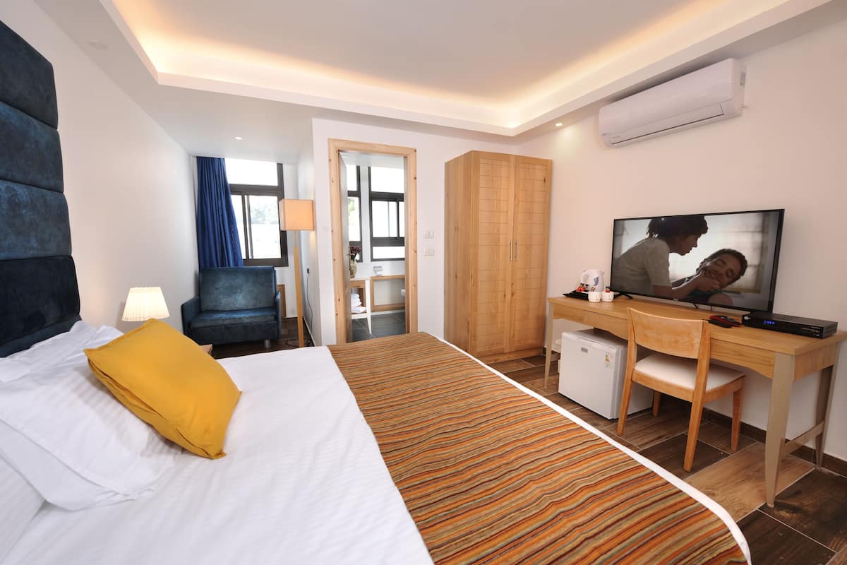 Une chambre d’hôtel équipée d’un lit, d’un bureau, d’une télévision et d’une armoire.