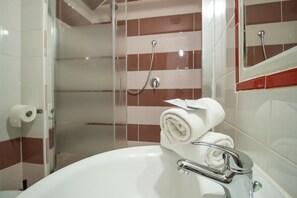Shower, hair dryer, bidet, towels