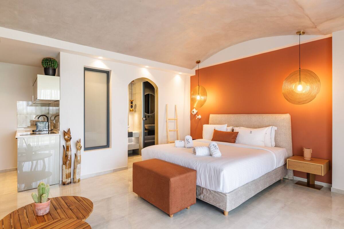 Une chambre moderne avec un grand lit, une table de chevet, une commode, une petite table avec une plante, et un coin cuisine équipé d’un évier et de placards.