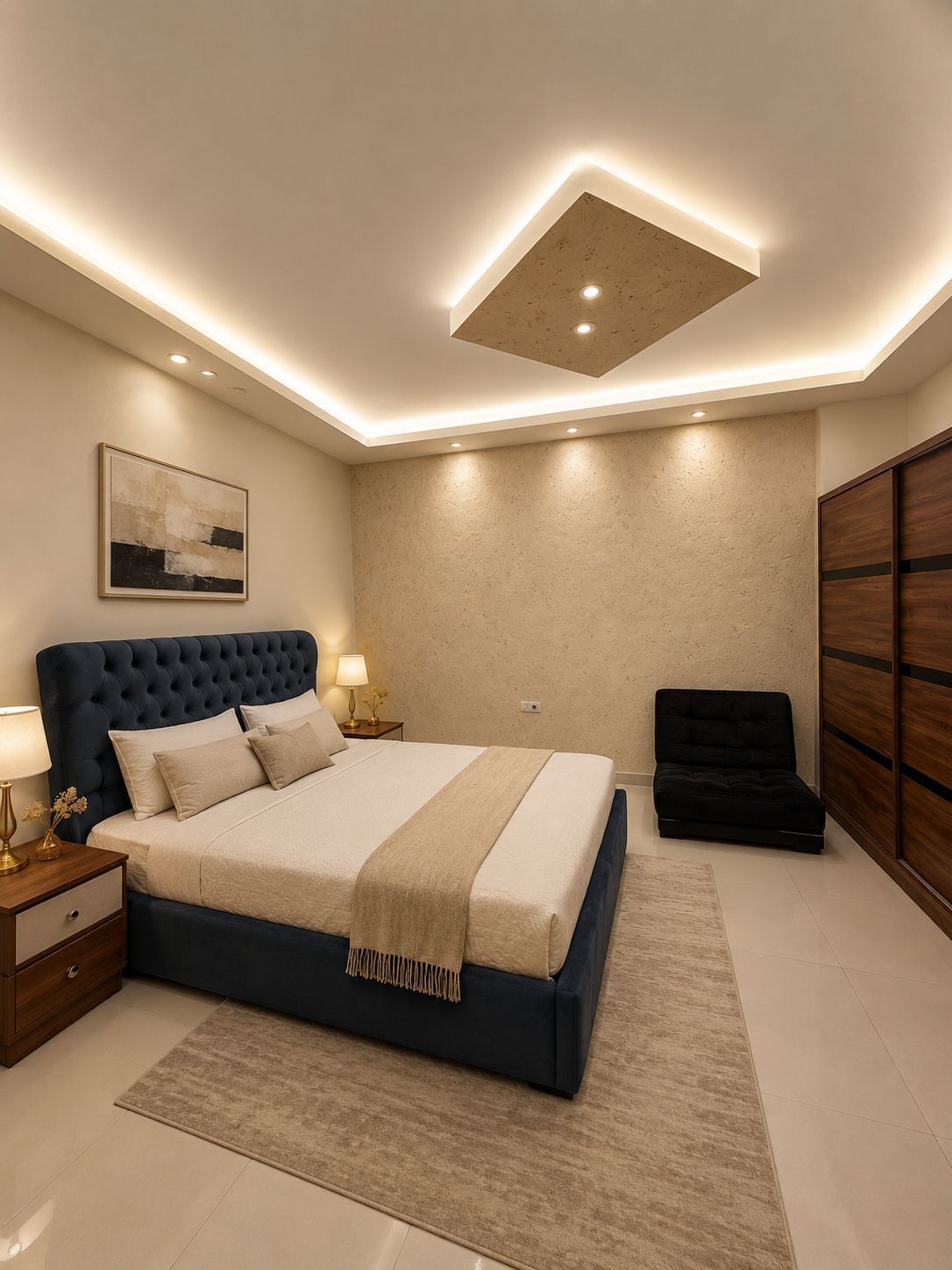 Ein modernes Schlafzimmer mit einem großen Bett, Nachttischen, einem kleinen Sofa und einem Kleiderschrank.