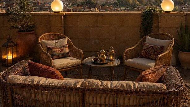 Una terraza con mobiliario de mimbre, una mesa con tetera y vistas a las pirámides.