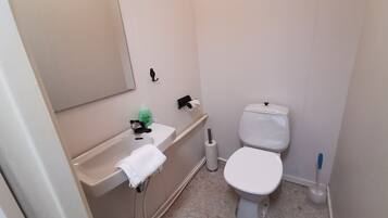 Un baño pequeño y limpio con inodoro, lavamanos y espejo.