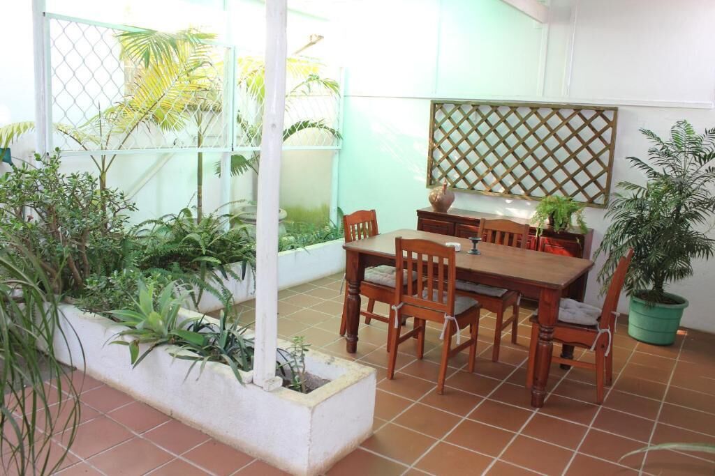 Uma área de refeições com mesa e cadeiras de madeira, rodeada por plantas em vasos e uma divisória branca.