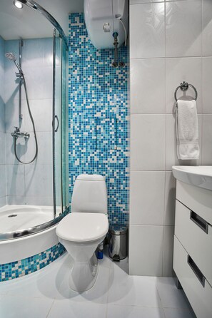 Studio | Badkamer | Een douche, een haardroger, handdoeken, zeep