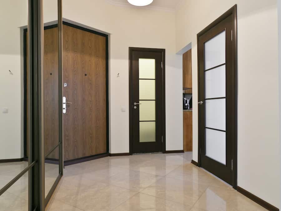 A hallway with a wooden door, a glass door, and a ceiling light.