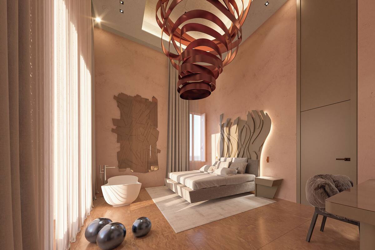 Un dormitorio moderno con cama, mesitas de noche, una gran obra de arte abstracta en la pared, una lámpara de techo original y un ventanal amplio.