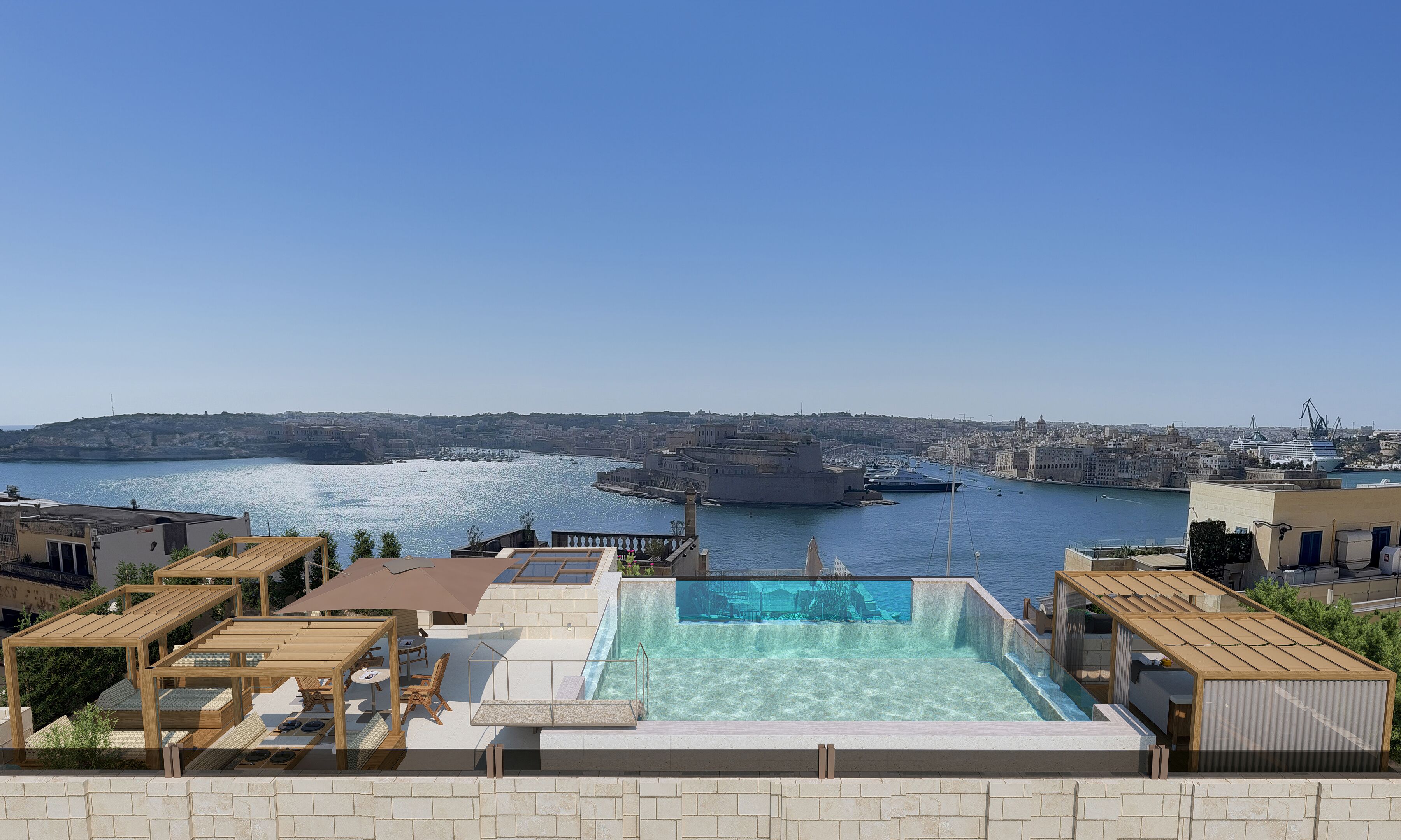 Piscina interna, piscina externa sazonal, guarda-sóis, espreguiçadeiras