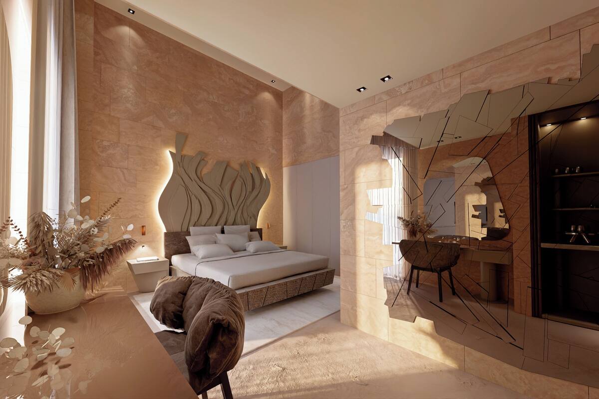 Un dormitorio moderno con una cama grande, un muro decorativo y un espejo.