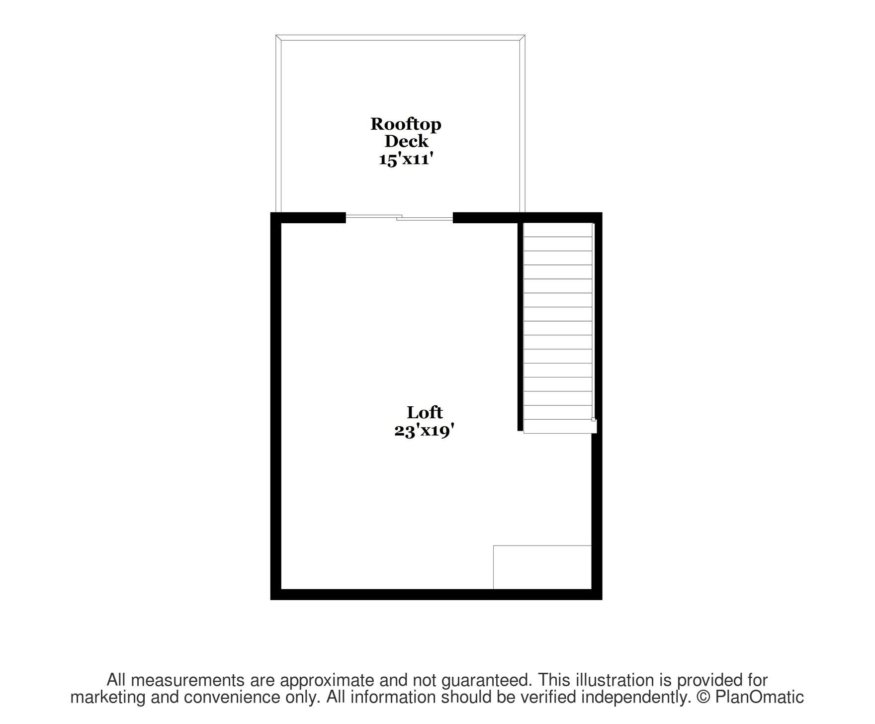 Un plan d’étage comprenant une terrasse sur le toit de 4,5 m x 3,3 m et une mezzanine de 7 m x 5,8 m.