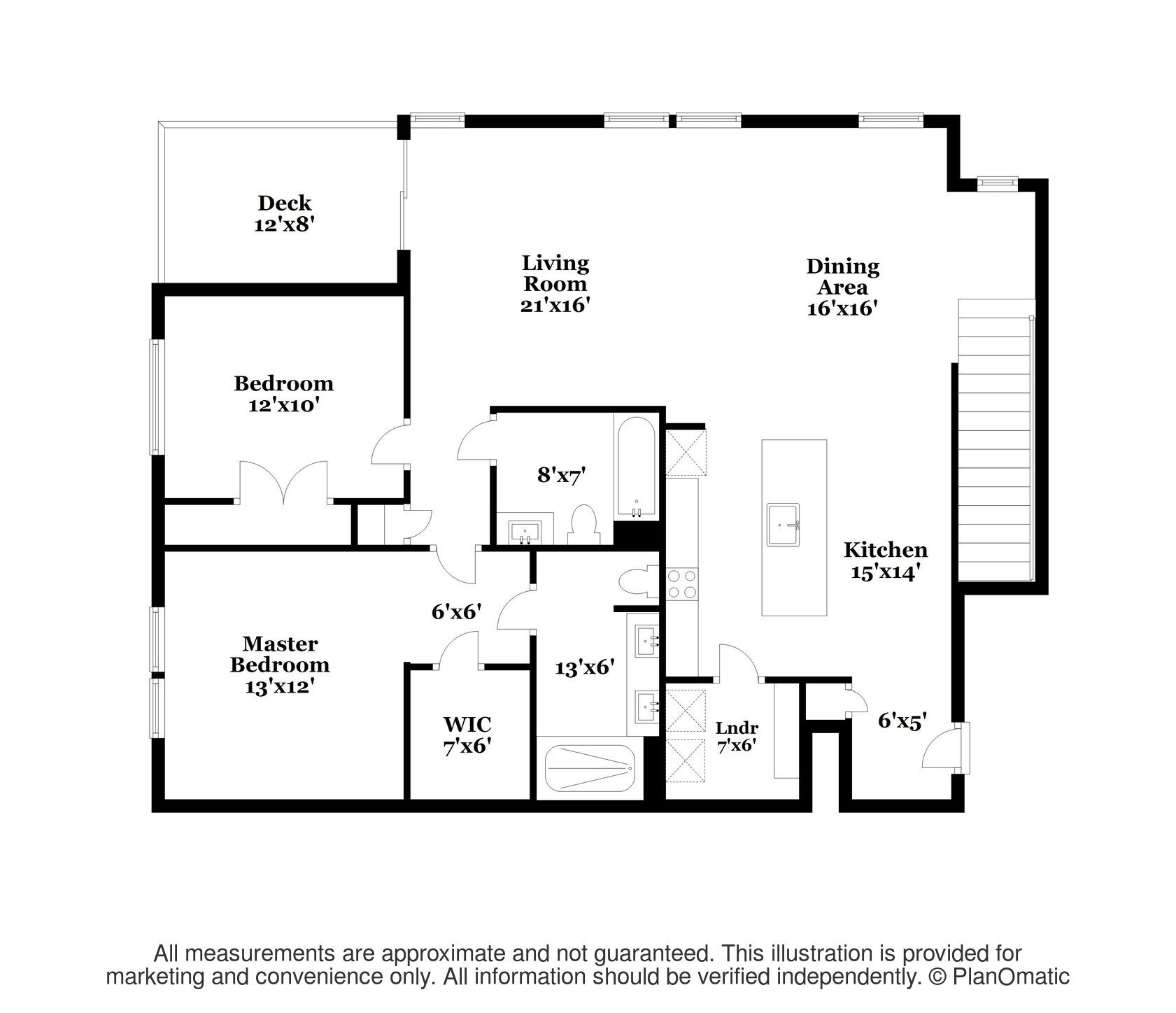 A floor plan of a house with a deck, living room, dining area, kitchen, master bedroom, and two bathrooms.