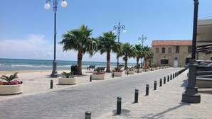 Une promenade dallée, bordée de bornes, de palmiers et de bancs, longeant la côte.