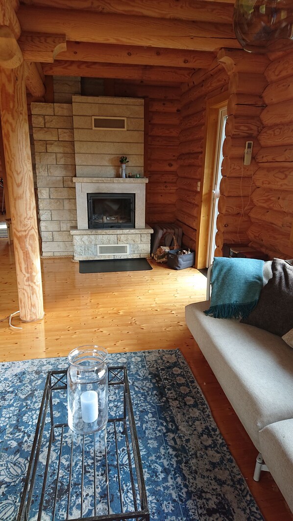 Una chimenea, libros, un reproductor estéreo