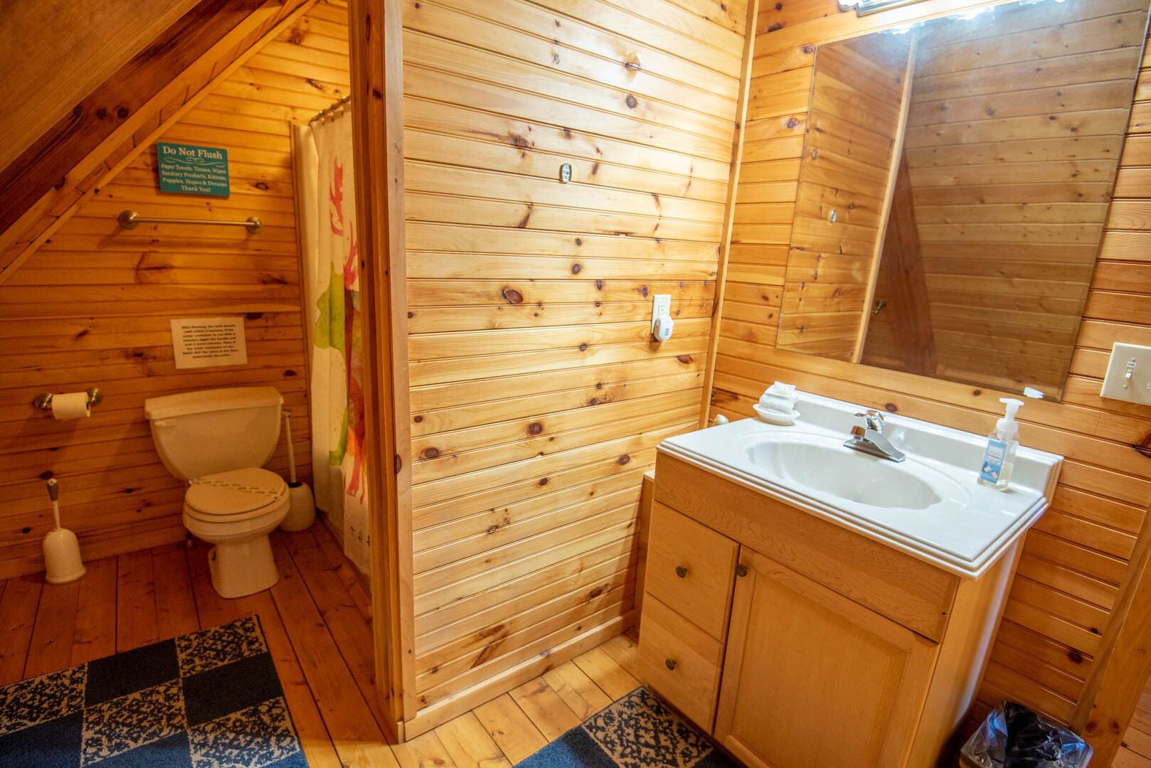 Baño de cabaña de madera con inodoro, lavamanos y espejo.