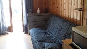 A cozy room with a patterned sofa, a small wooden cabinet, a round rug, and a television. - Termignon Val cenis Vanoise (Termignon Val cenis)