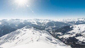 Un sommet de montagne enneigé, avec un ciel dégagé et des montagnes lointaines.