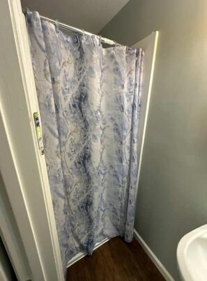 A bathroom with a shower curtain featuring a marble pattern. - Delightful Guest Room Close to Hendersonville’s Downtown (Hendersonville)