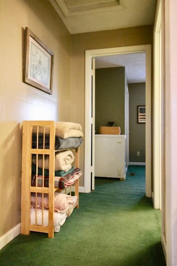 A hallway with a green carpet, a wooden bench with folded blankets, and a door leading to another room.