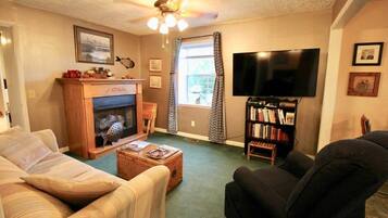A living room with a fireplace, a television, a bookshelf, and a sofa.