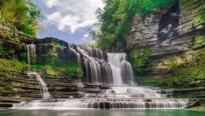 A waterfall cascading over rocky terrain into a calm pool, surrounded by lush greenery. - Cozy 1 BR efficiency apt close to TTU and downtown (Cookeville)