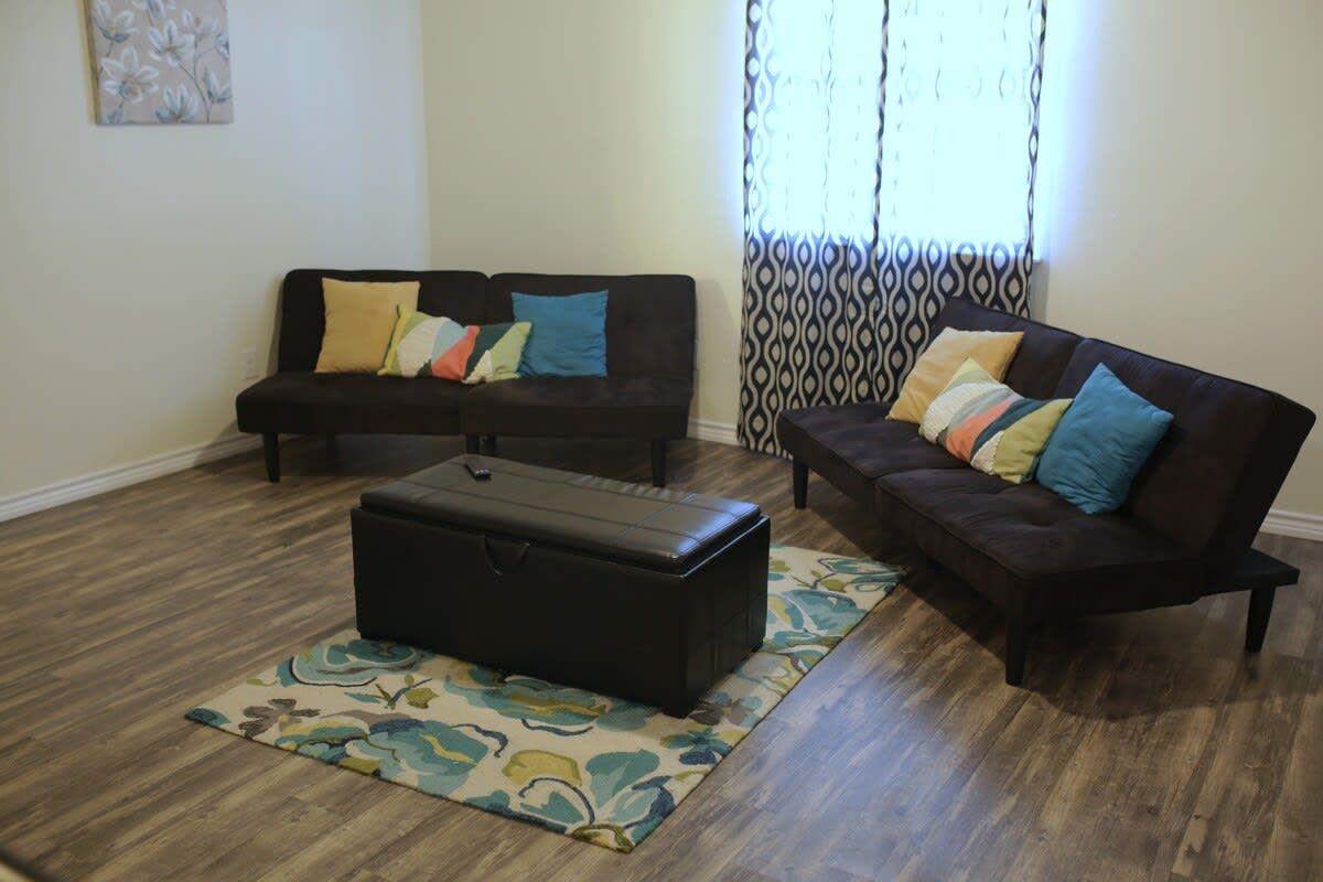 A living room with two dark sofas, a matching ottoman, and a patterned rug.