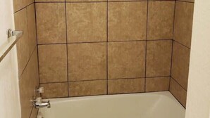 Une salle de bain avec une baignoire, une douche et des toilettes.