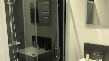 Combined shower/bathtub, hair dryer, towels, shampoo