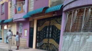 Un bâtiment à la façade violette et à l’auvent vert.
