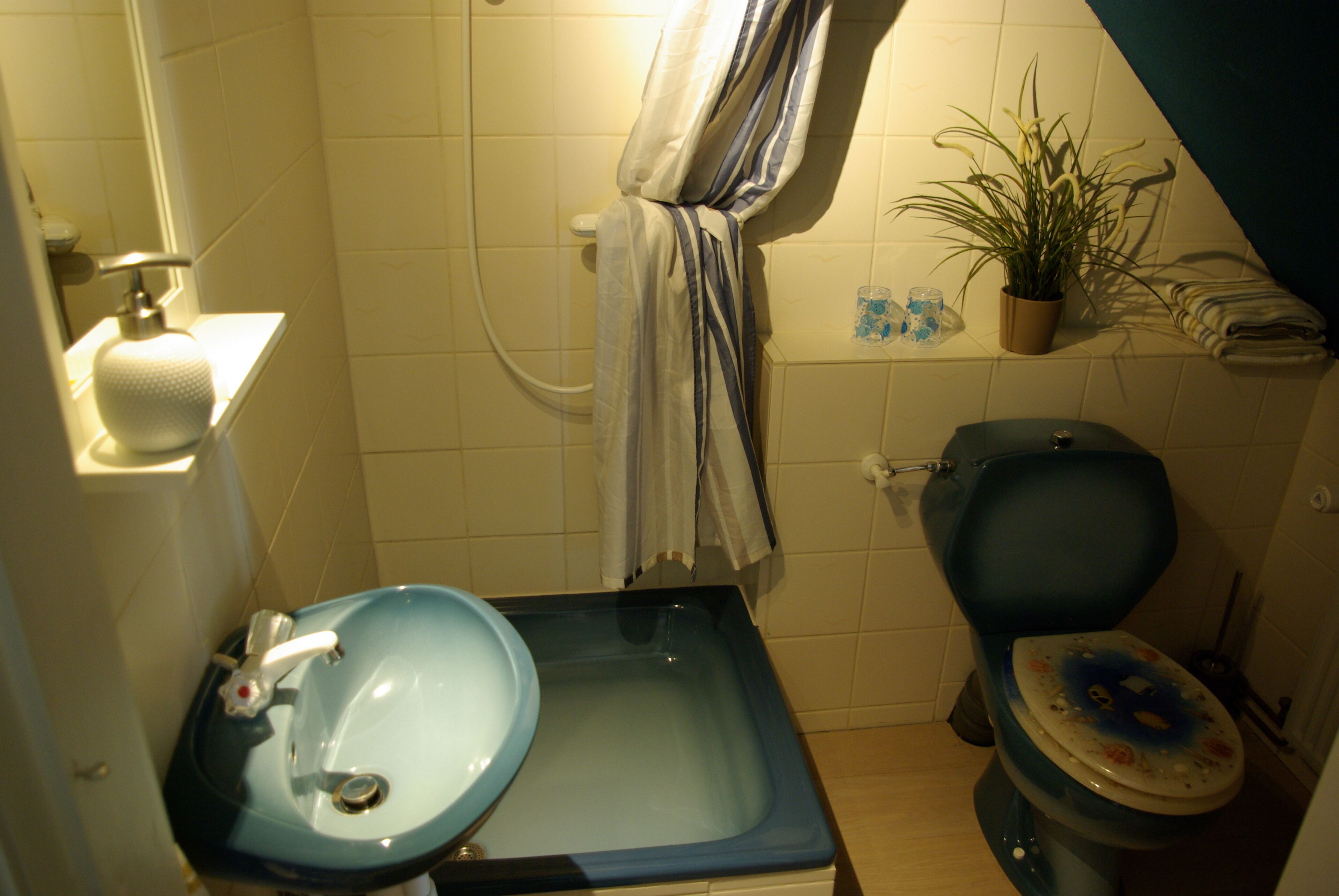 Une salle de bain avec un lavabo, des toilettes et un rideau de douche bleus.