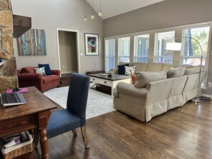 Smart TV, fireplace, video games, DVD player