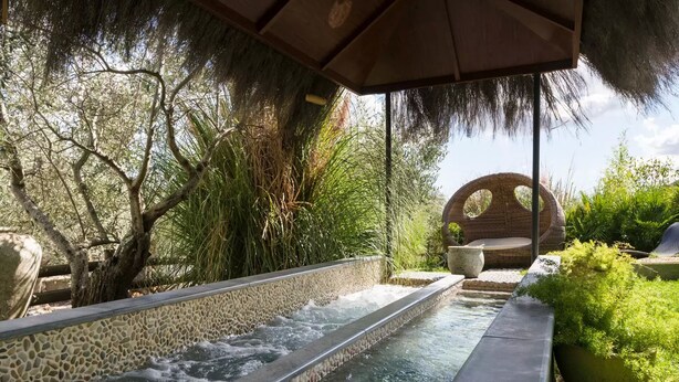 Un área de piscina exterior tranquila con borde de guijarros, rodeada de exuberante follaje y una estructura de asientos circular distintiva.
