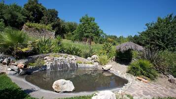 Surrounded by lush plants and a serene pond, this tranquil oasis offers a peaceful escape.