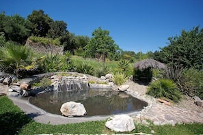A garden with a pond, rocks, and a thatched-roof structure. - Casa Conti di Sotto (Gavorrano)