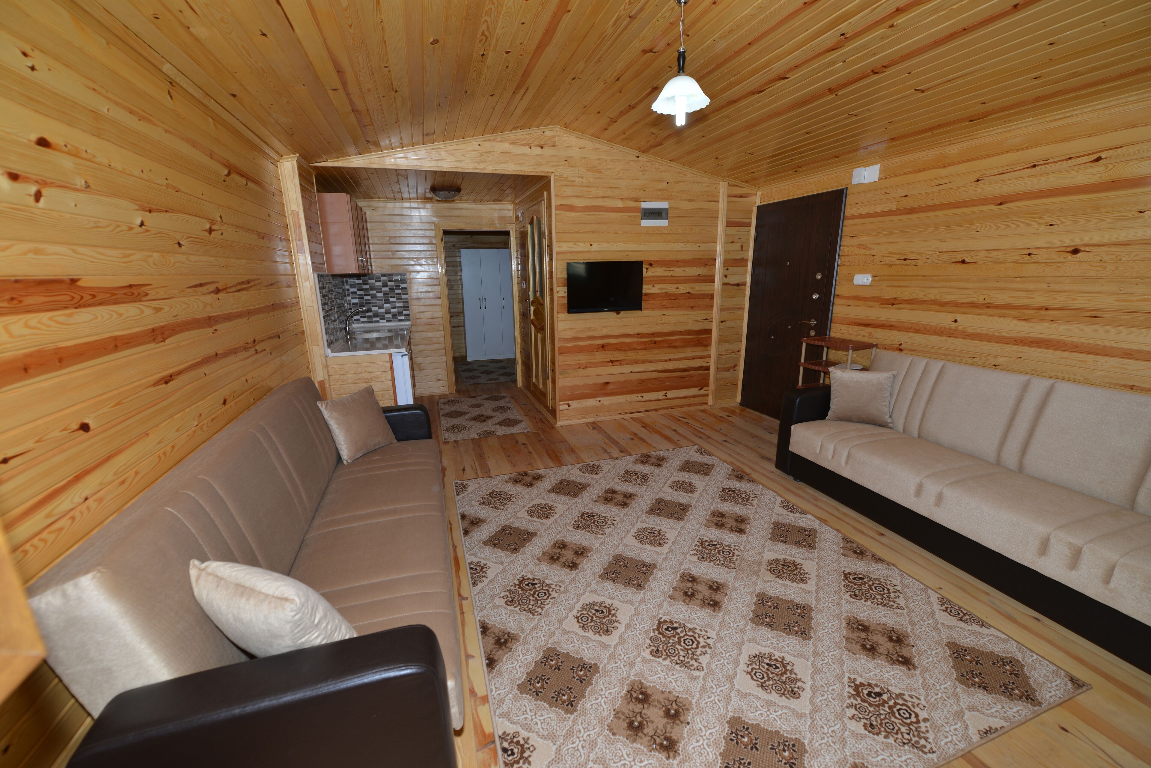 A wooden interior with a sofa, a patterned rug, and a television on the wall.