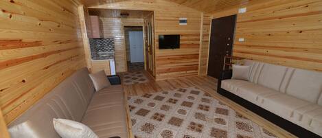 A wooden interior with a sofa, a patterned rug, and a television on the wall.